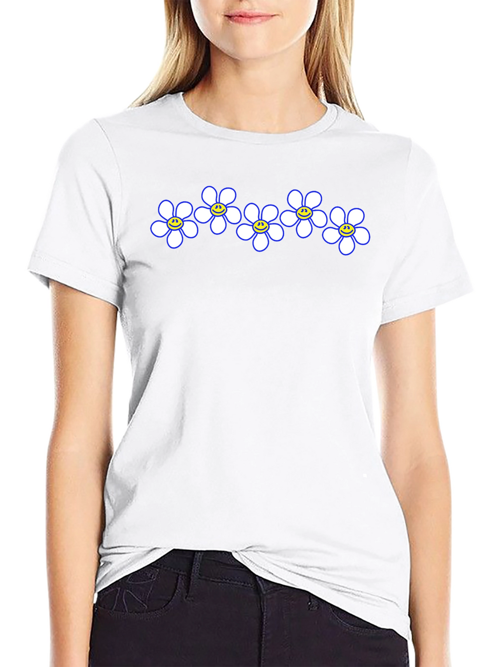 Smiley Flower Power Tee - Casual Black T-Shirt
