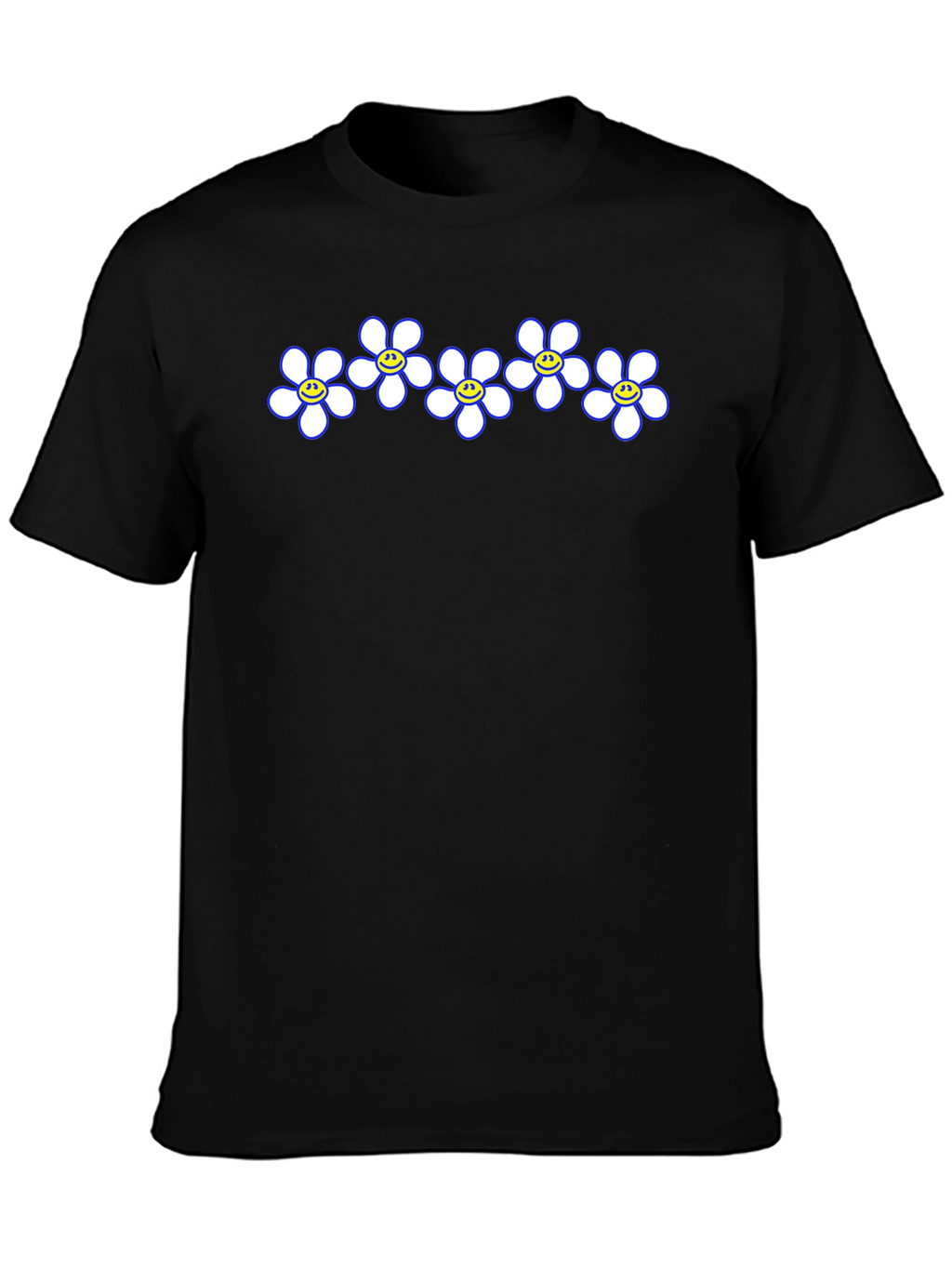Smiley Flower Power Tee - Casual Black T-Shirt