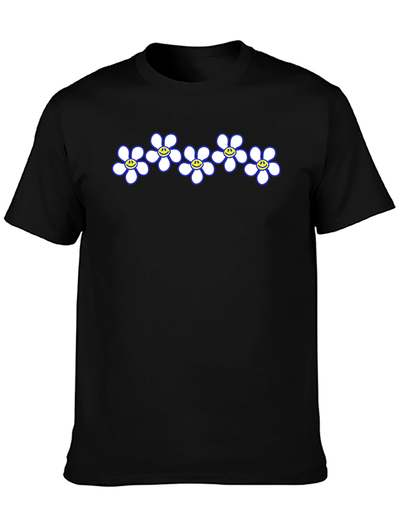 Smiley Flower Power Tee - Casual Black T-Shirt