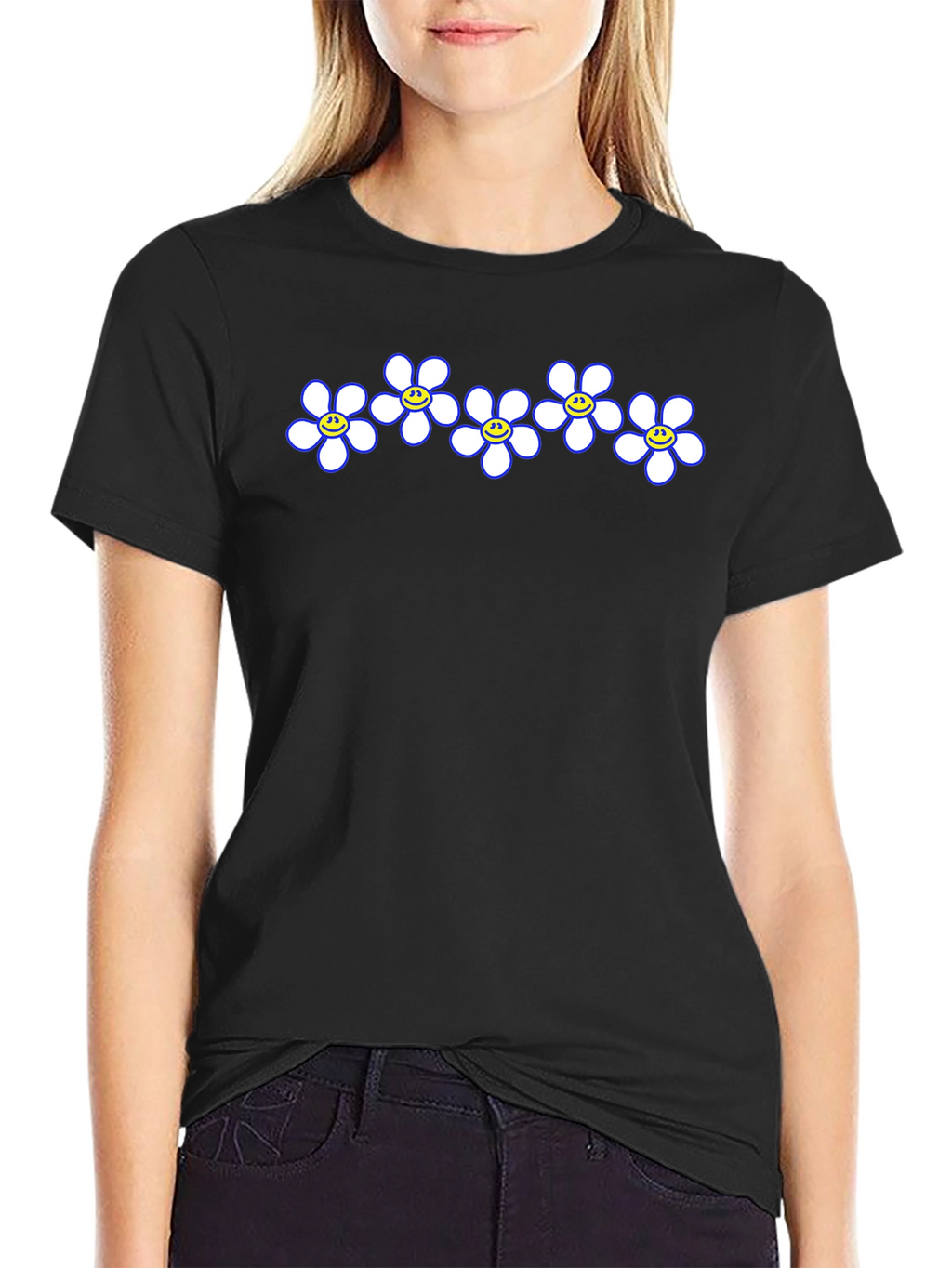 Smiley Flower Power Tee - Casual Black T-Shirt