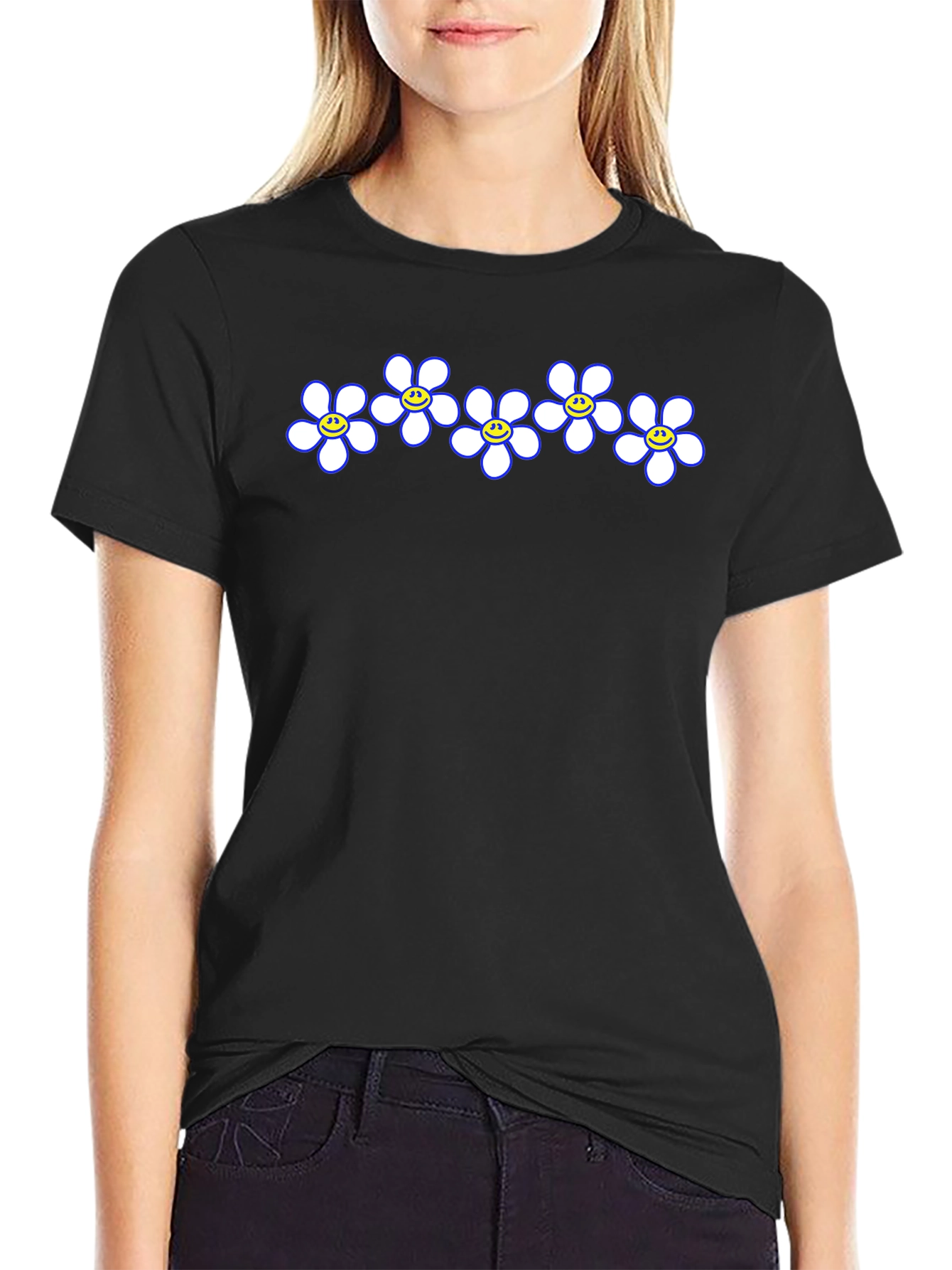Smiley Flower Power Tee - Casual Black T-Shirt