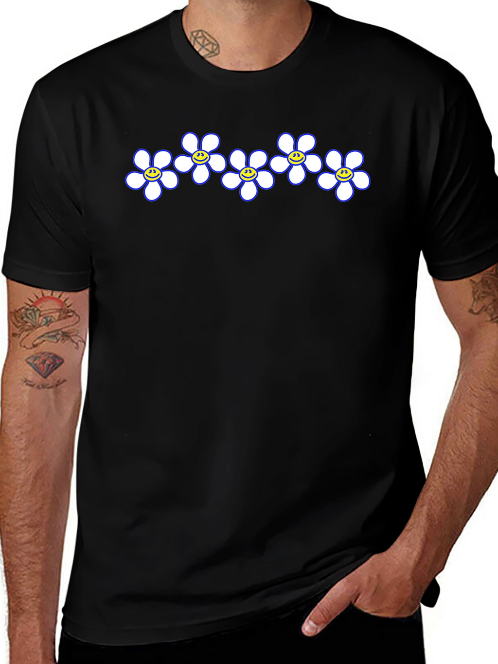 Smiley Flower Power Tee - Casual Black T-Shirt