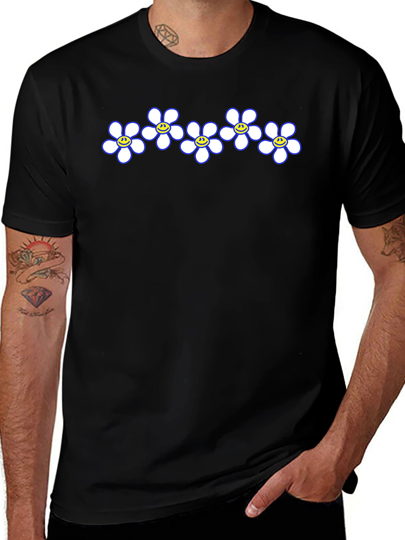 Smiley Flower Power Tee - Casual Black T-Shirt