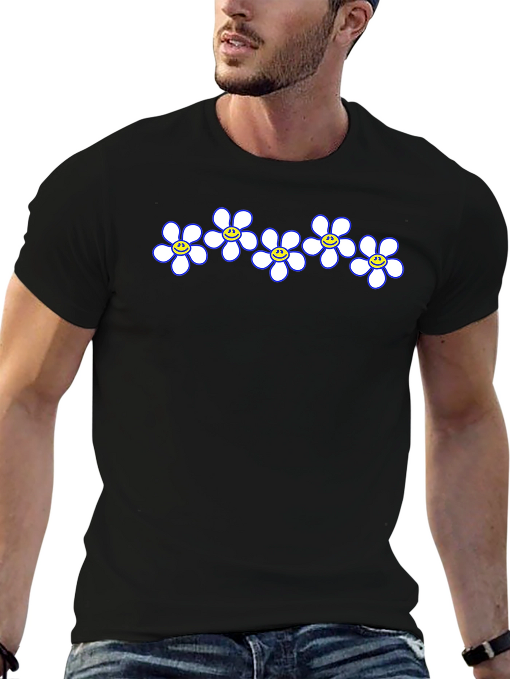Smiley Flower Power Tee - Casual Black T-Shirt