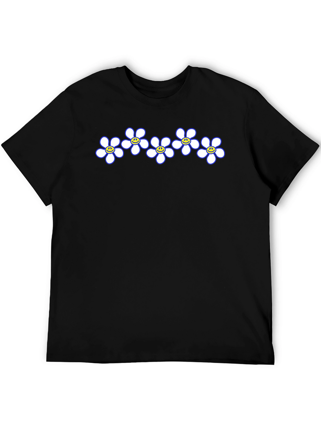 Smiley Flower Power Tee - Casual Black T-Shirt