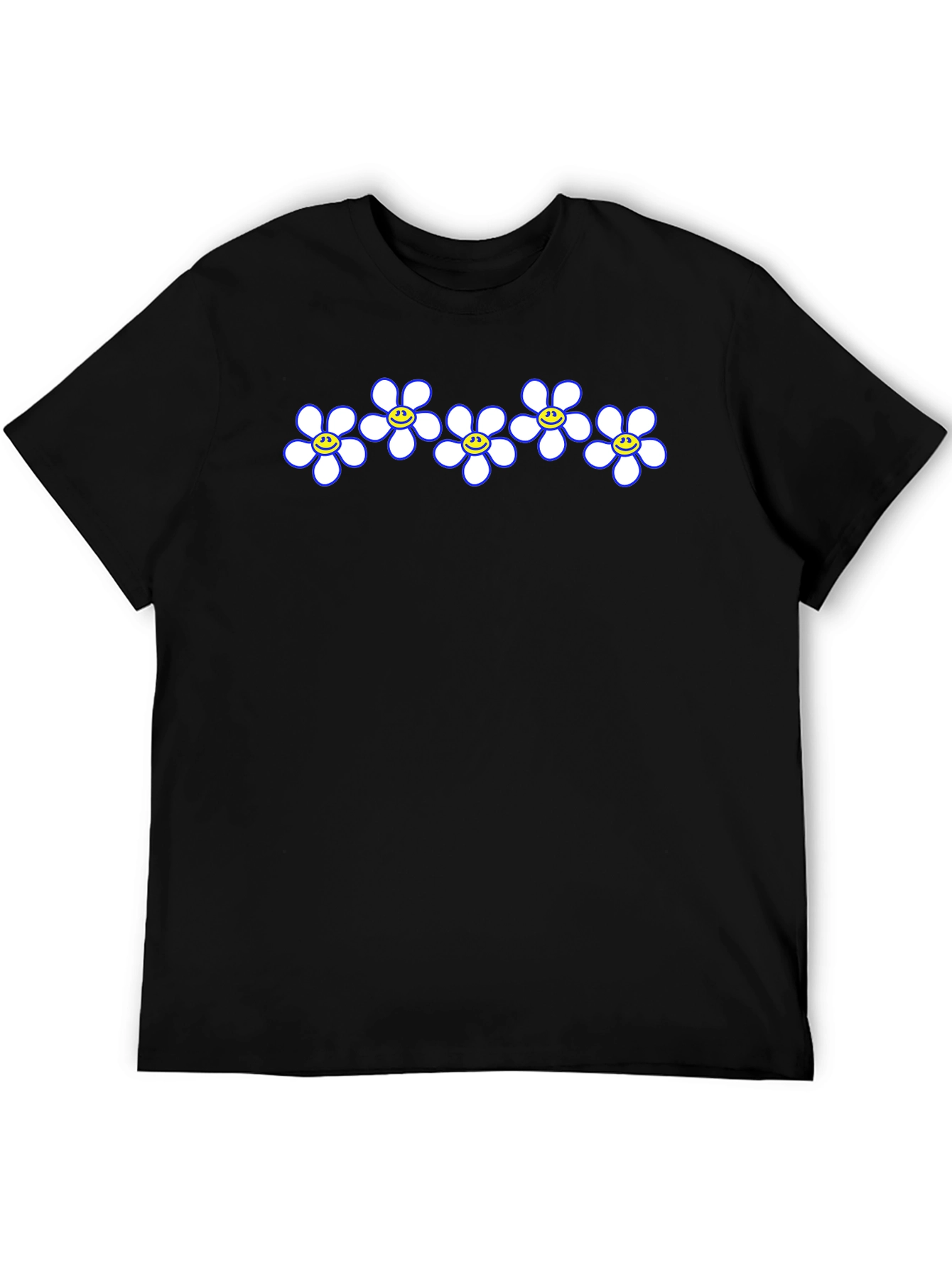 Smiley Flower Power Tee - Casual Black T-Shirt