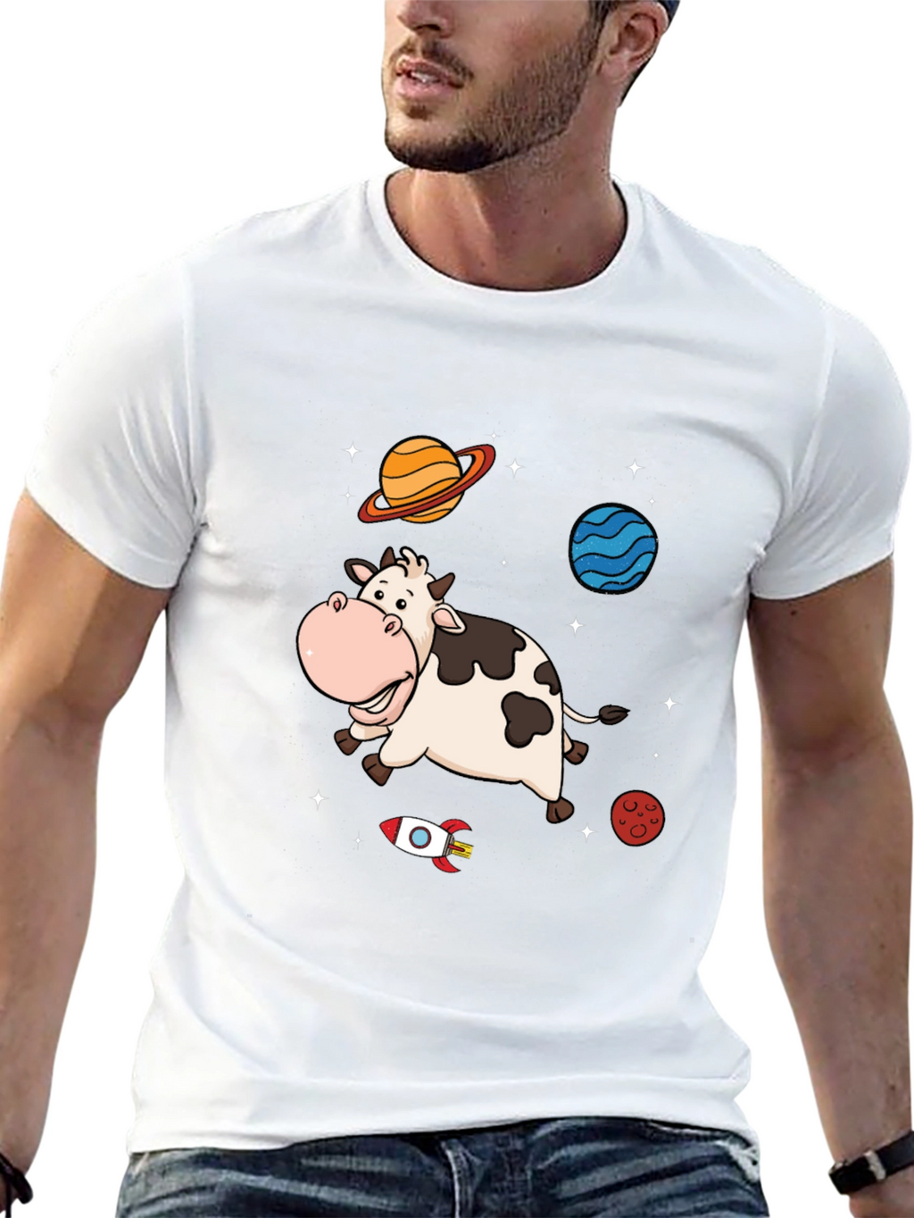 Space Cow Graphic Tee - Black Cotton T-Shirt