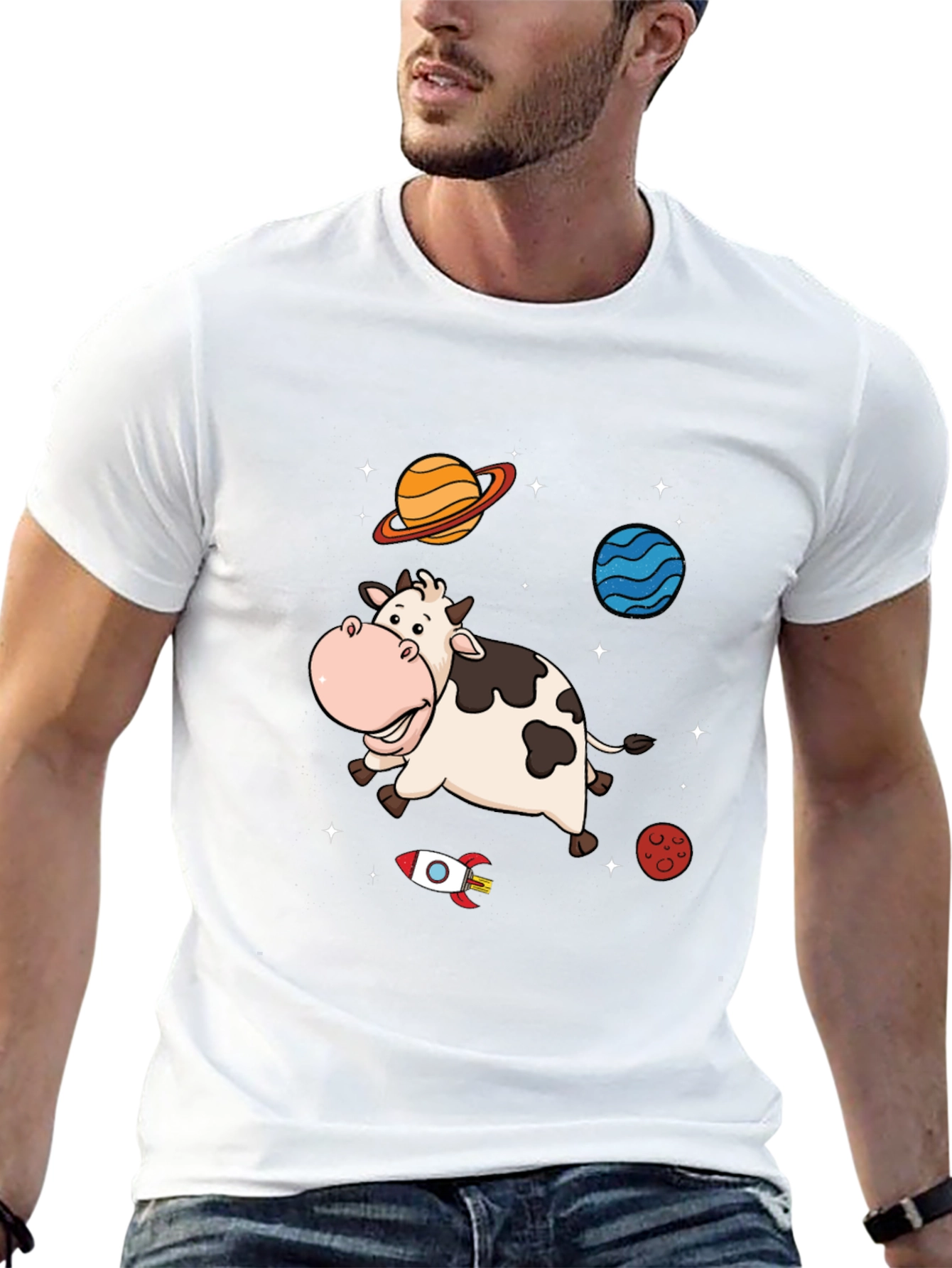 Space Cow Graphic Tee - Black Cotton T-Shirt