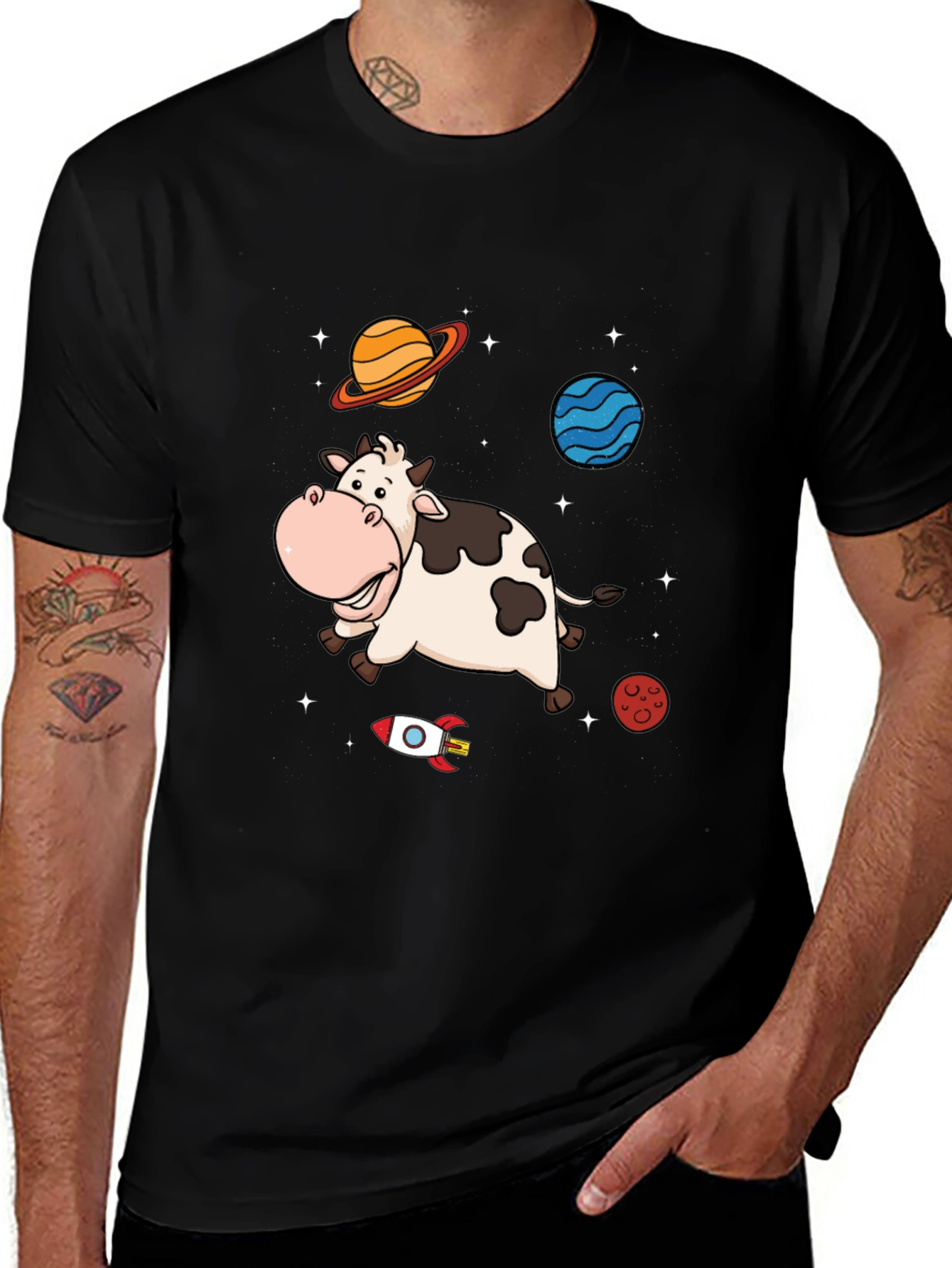 Space Cow Graphic Tee - Black Cotton T-Shirt
