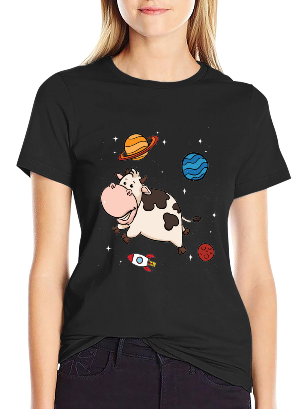 Space Cow Graphic Tee - Black Cotton T-Shirt