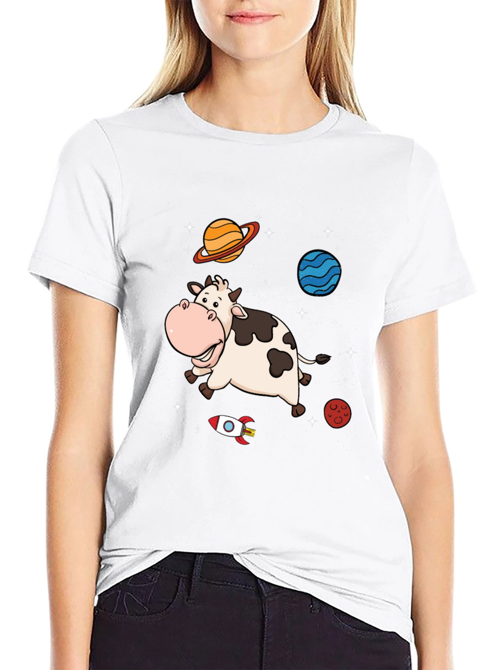 Space Cow Graphic Tee - Black Cotton T-Shirt
