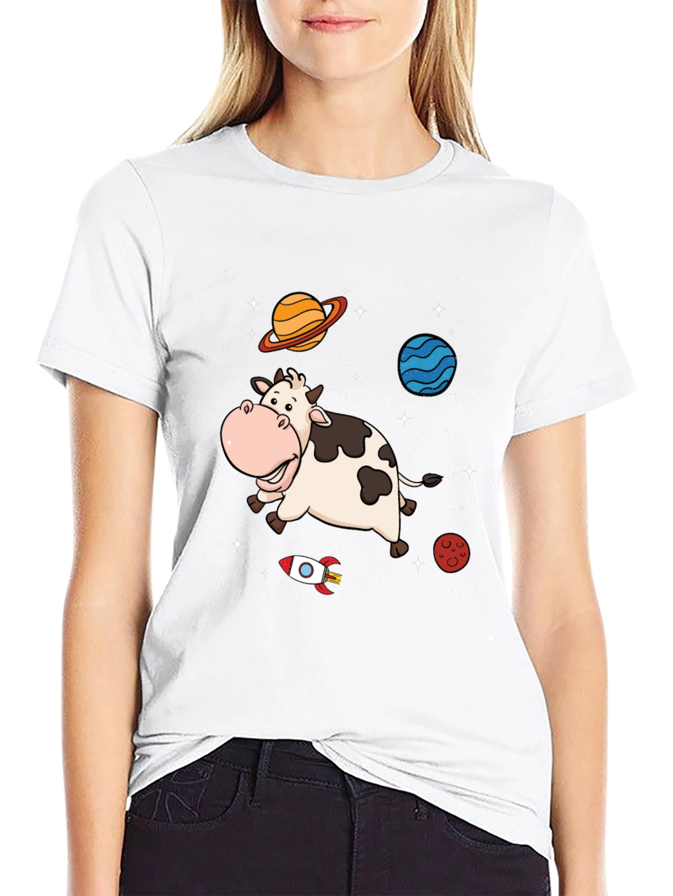 Space Cow Graphic Tee - Black Cotton T-Shirt