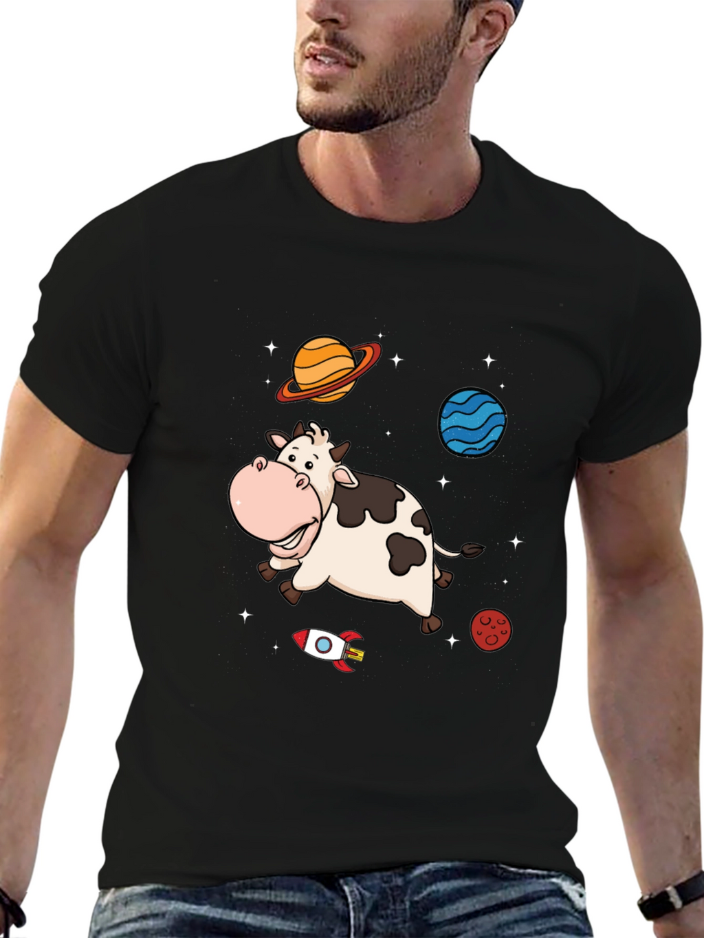 Space Cow Graphic Tee - Black Cotton T-Shirt
