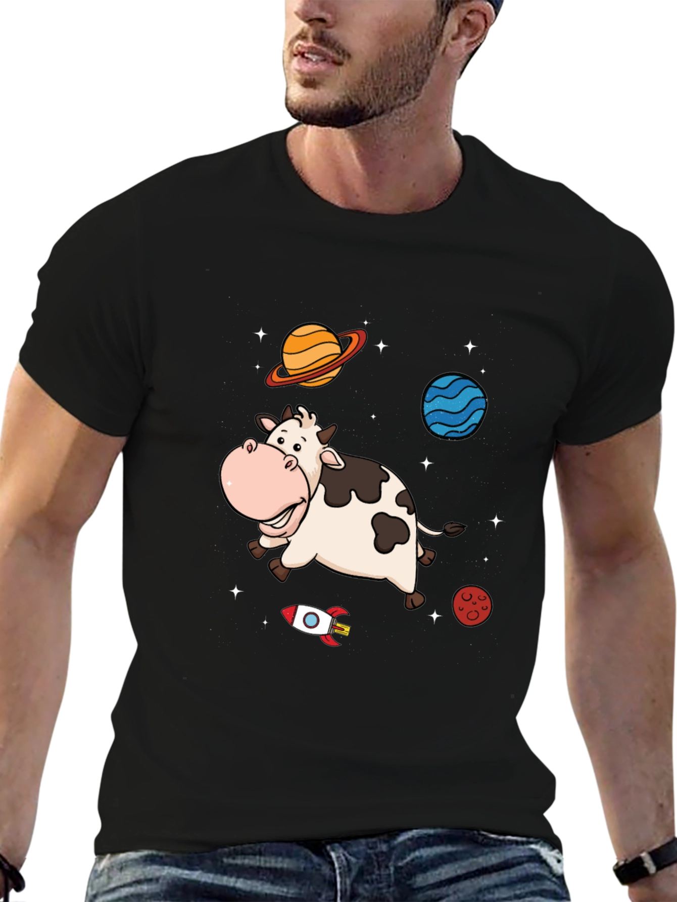 Space Cow Graphic Tee - Black Cotton T-Shirt