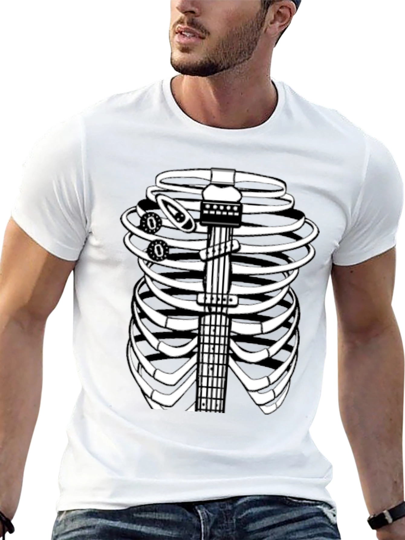 Guitar Rib Cage Skeleton Graphic Tee - Black