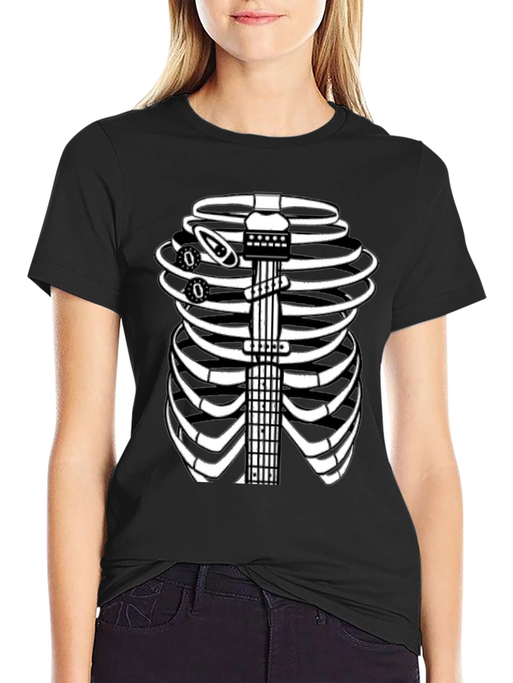 Guitar Rib Cage Skeleton Graphic Tee - Black