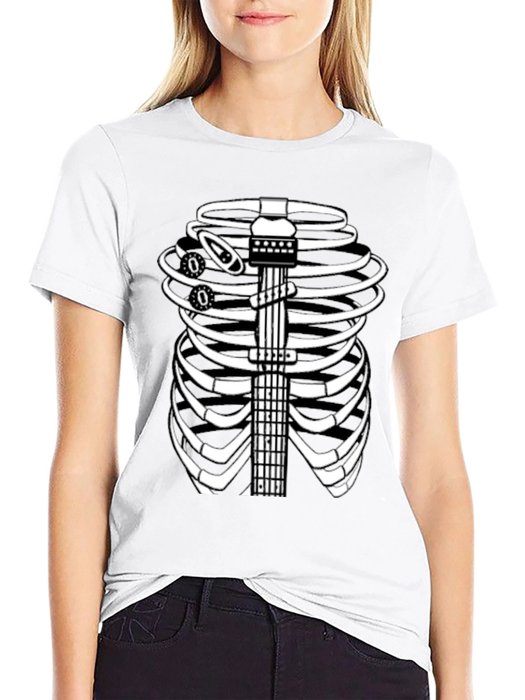 Guitar Rib Cage Skeleton Graphic Tee - Black