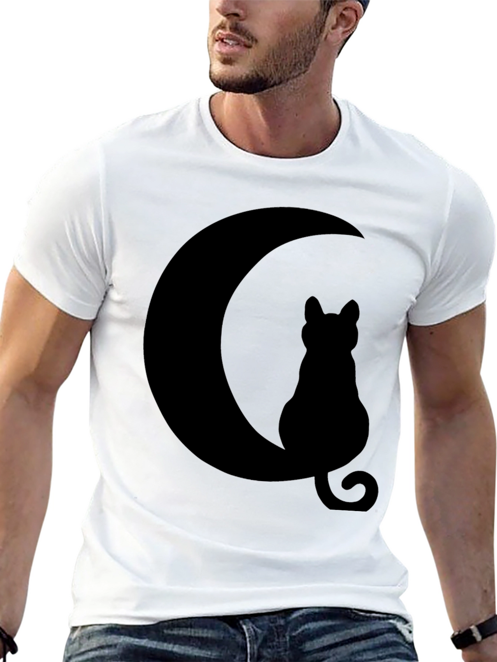 Cat Moon Silhouette T-Shirt - Black Cotton Blend