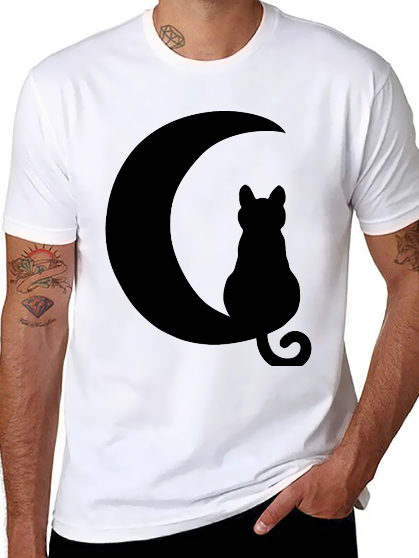 Cat Moon Silhouette T-Shirt - Black Cotton Blend
