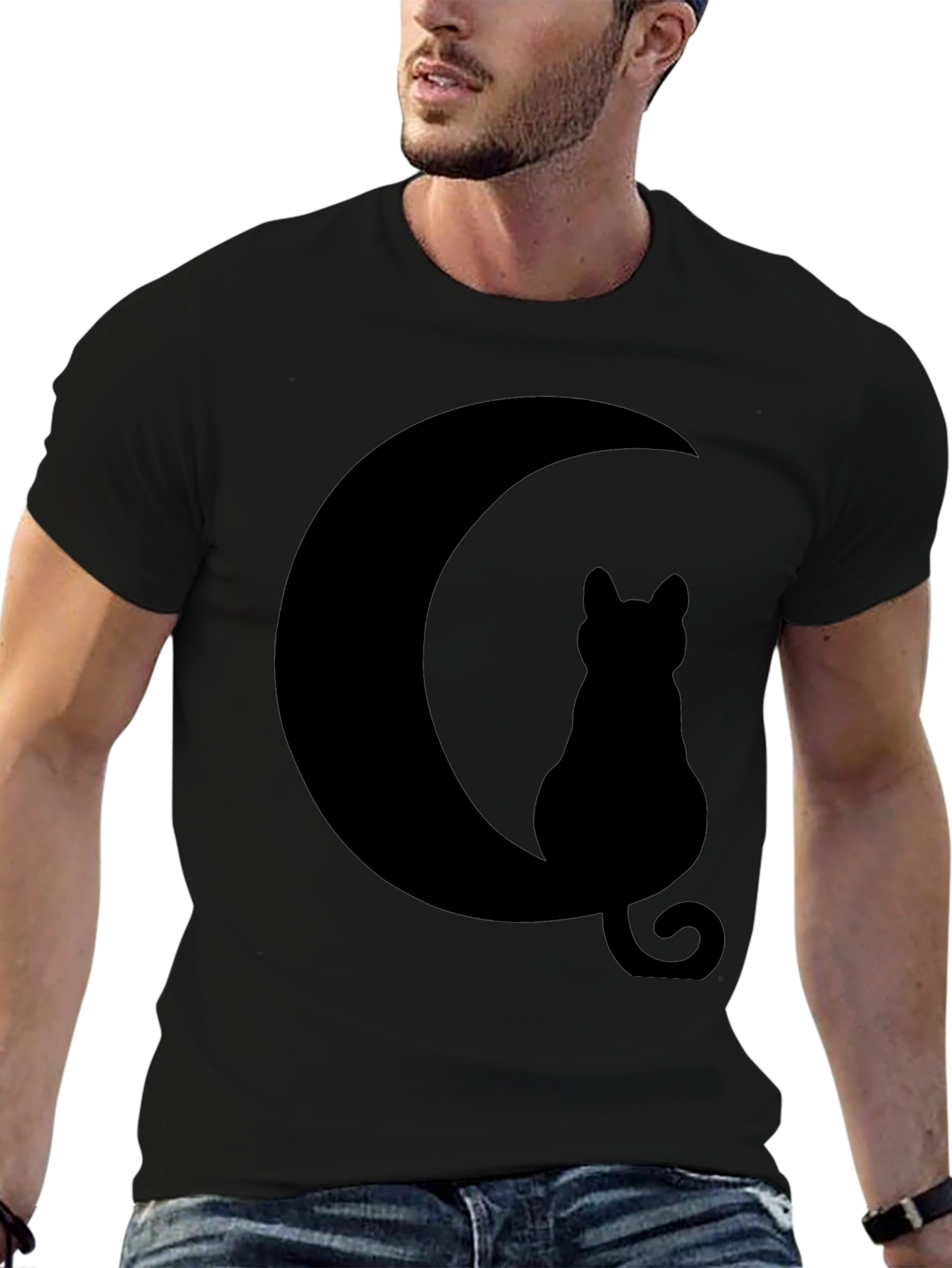 Cat Moon Silhouette T-Shirt - Black Cotton Blend