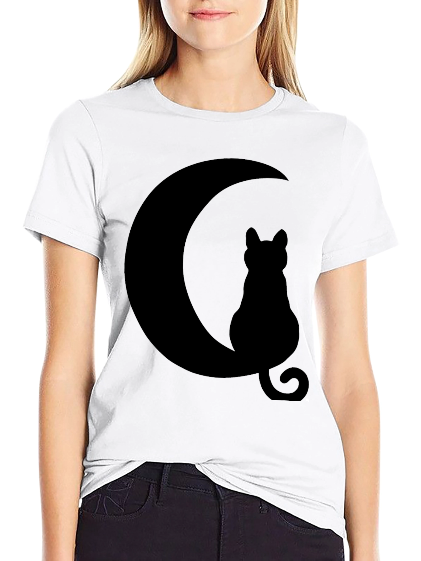 Cat Moon Silhouette T-Shirt - Black Cotton Blend