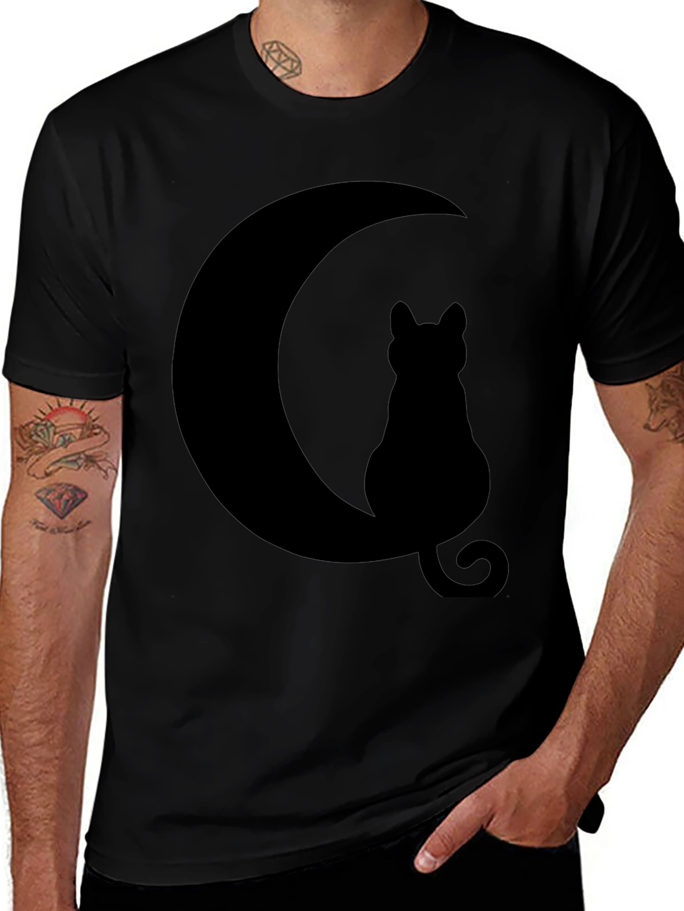Cat Moon Silhouette T-Shirt - Black Cotton Blend