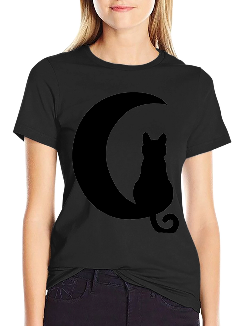 Cat Moon Silhouette T-Shirt - Black Cotton Blend