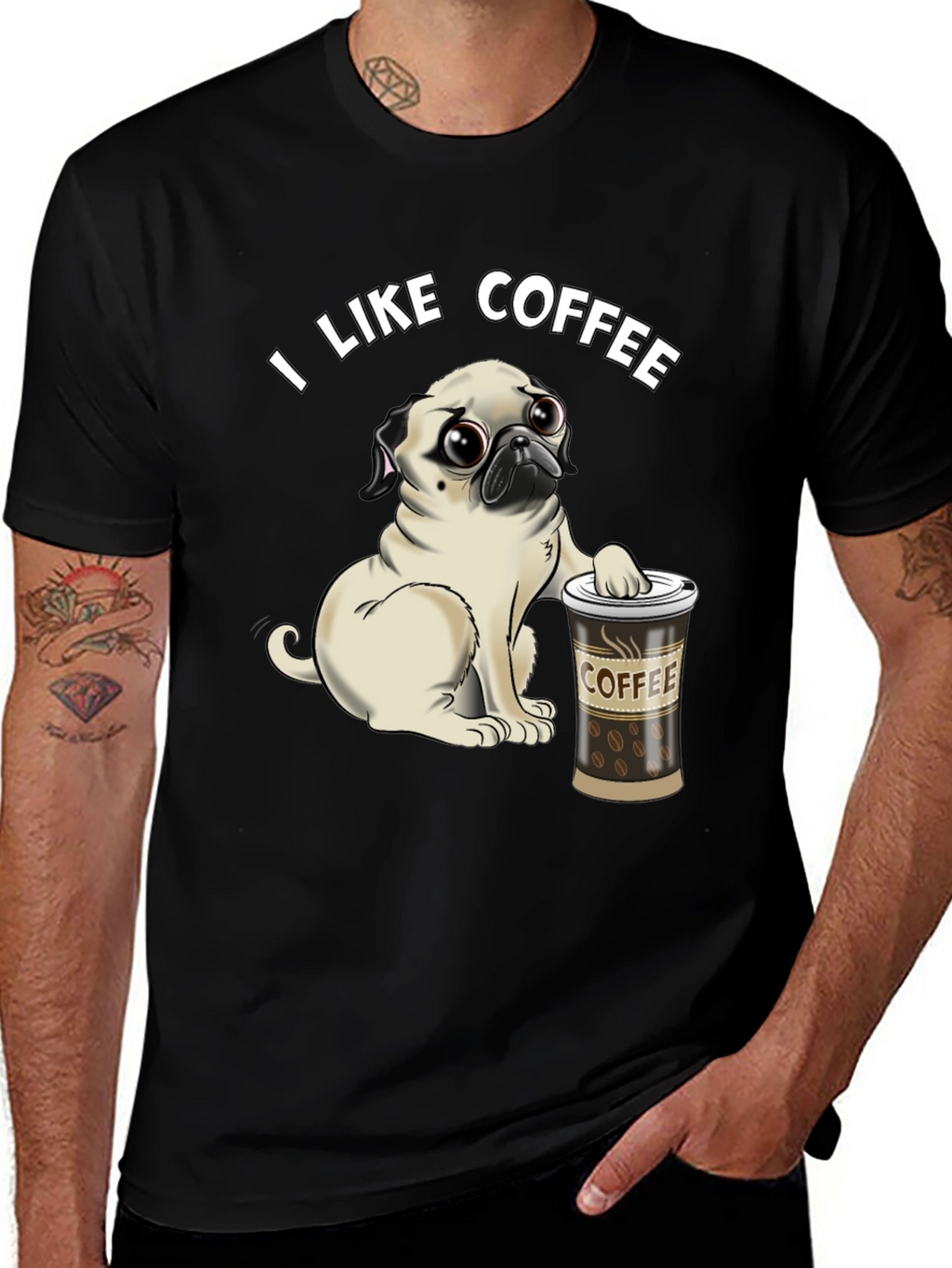 Pug I Like Coffee Black T-Shirt