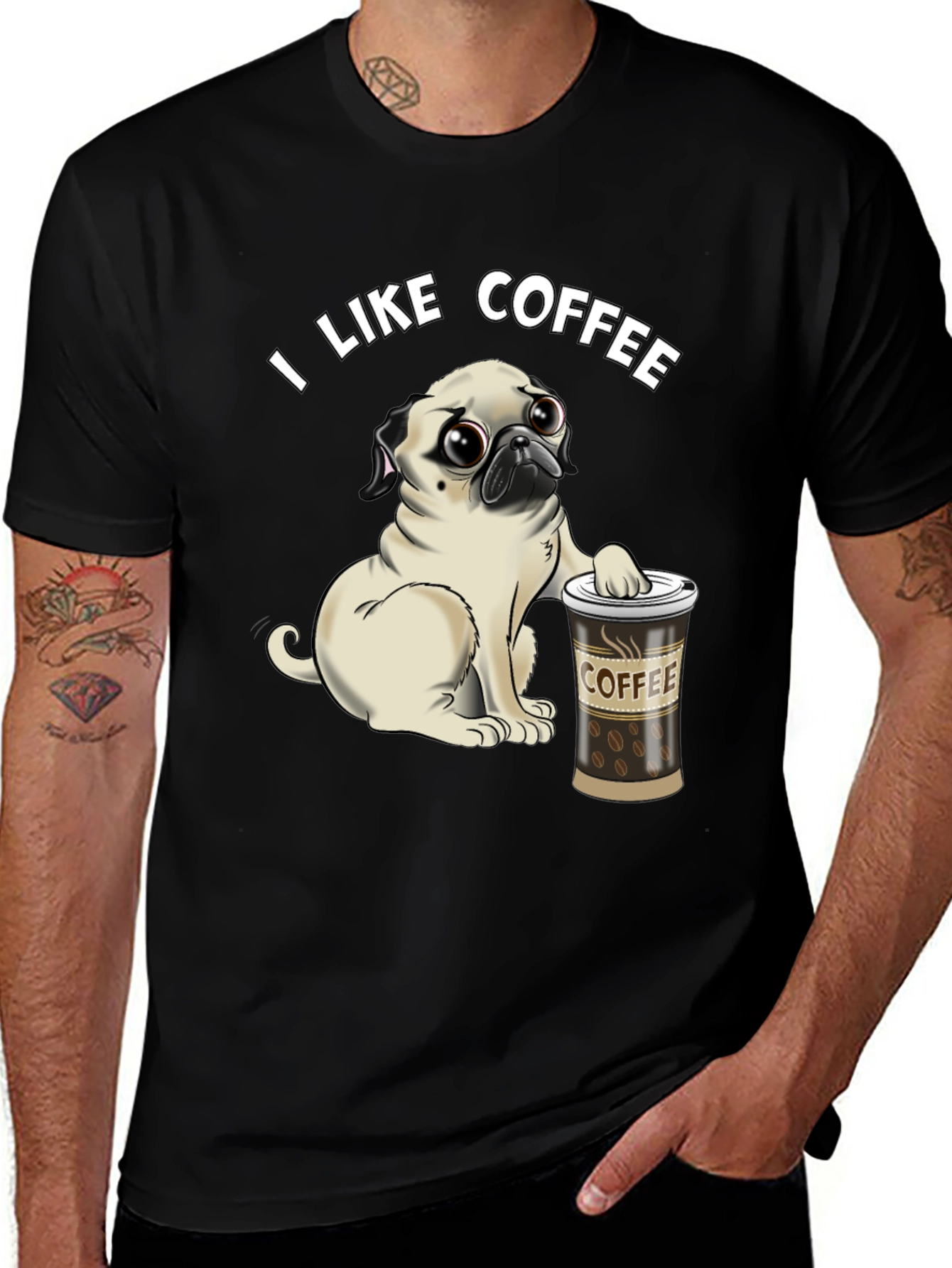 Pug I Like Coffee Black T-Shirt
