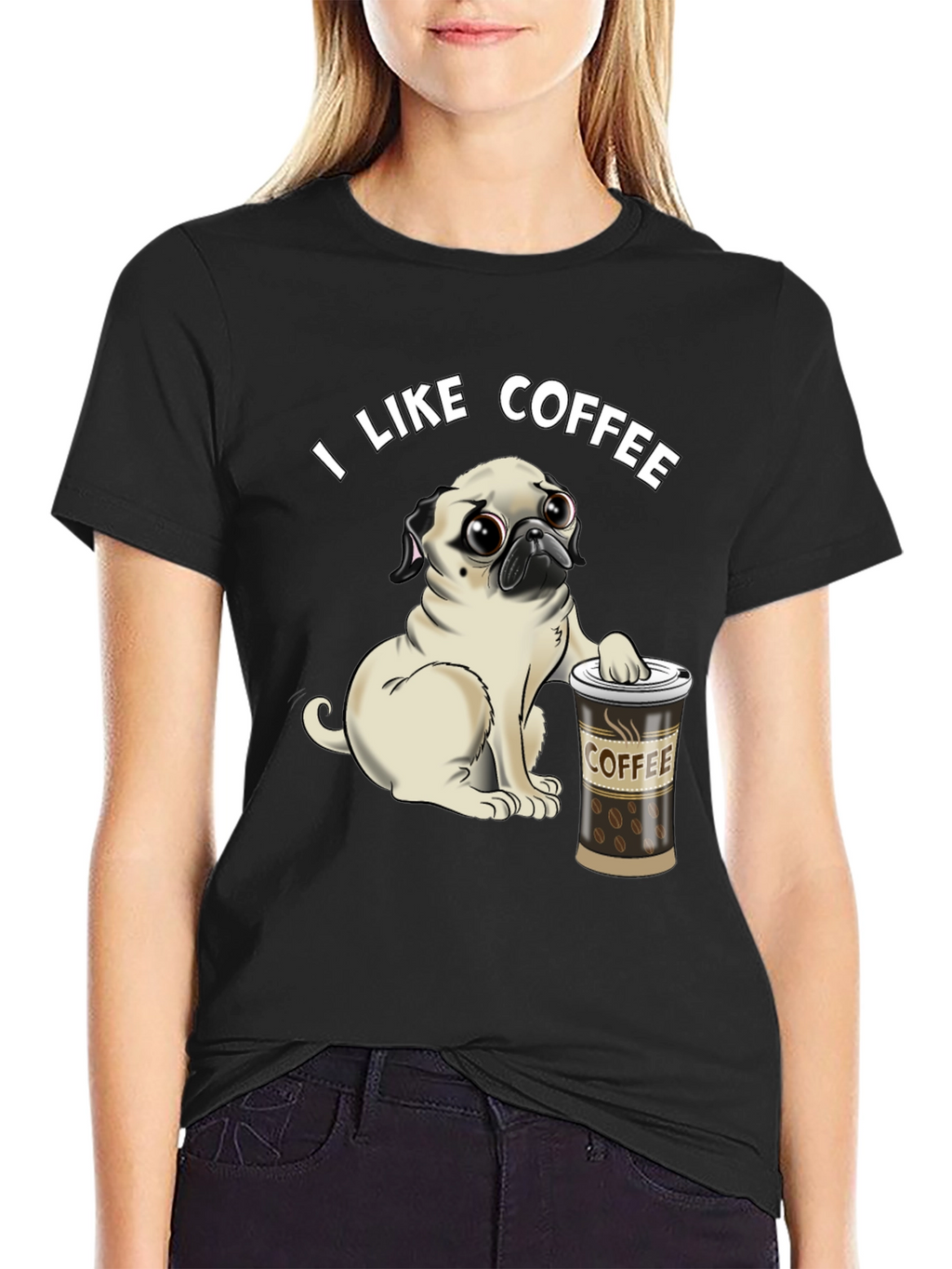 Pug I Like Coffee Black T-Shirt