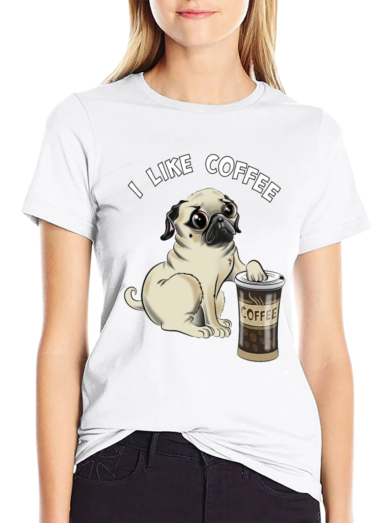 Pug I Like Coffee Black T-Shirt