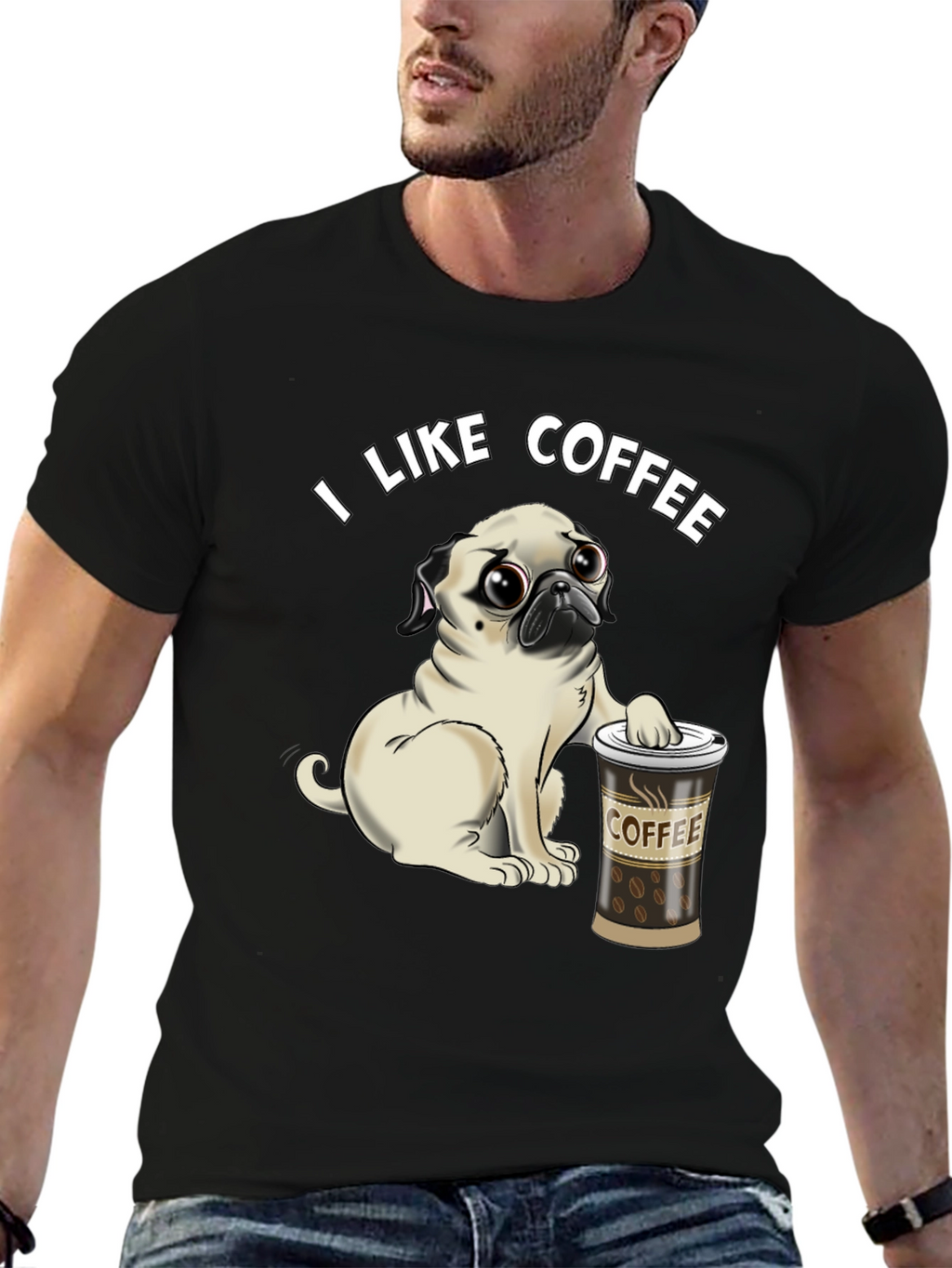 Pug I Like Coffee Black T-Shirt