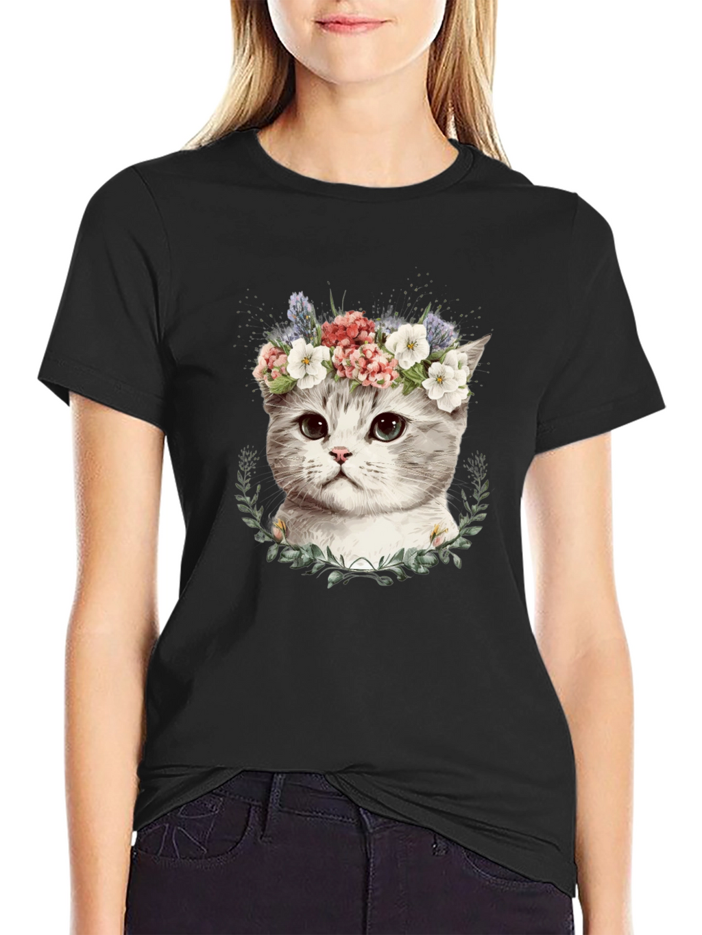 Floral Crown Cat T-Shirt - Stylish Graphic Tee