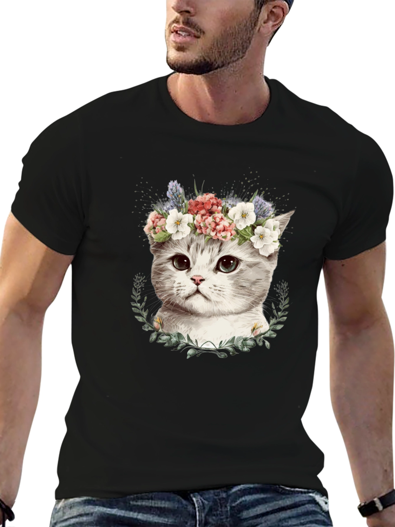 Floral Crown Cat T-Shirt - Stylish Graphic Tee