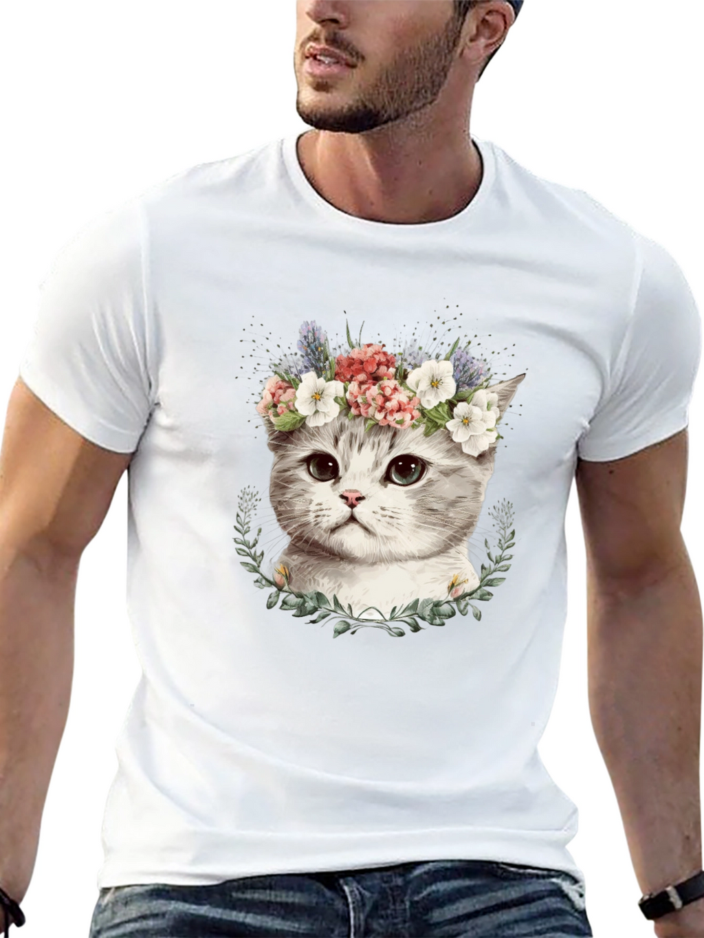 Floral Crown Cat T-Shirt - Stylish Graphic Tee