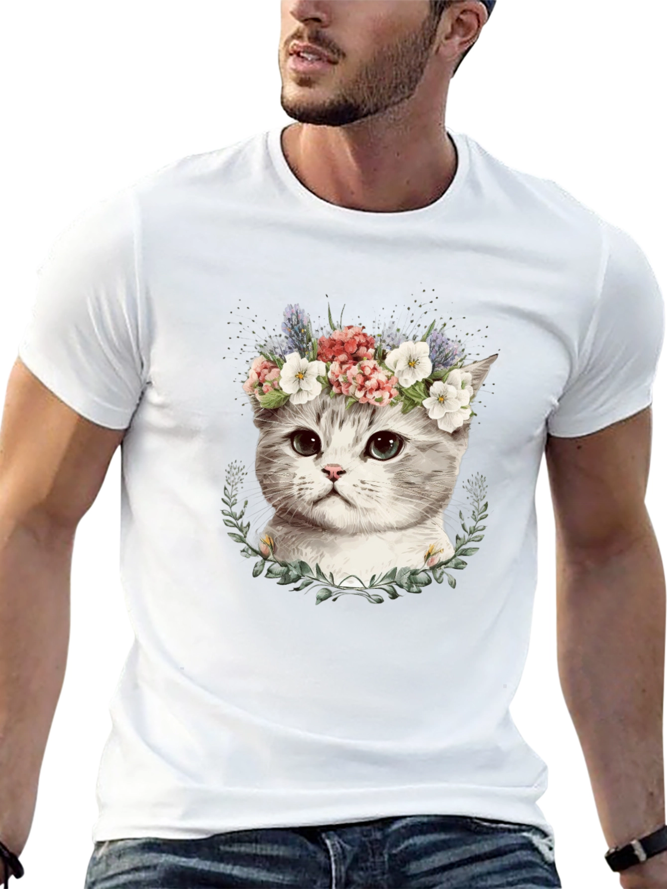 Floral Crown Cat T-Shirt - Stylish Graphic Tee