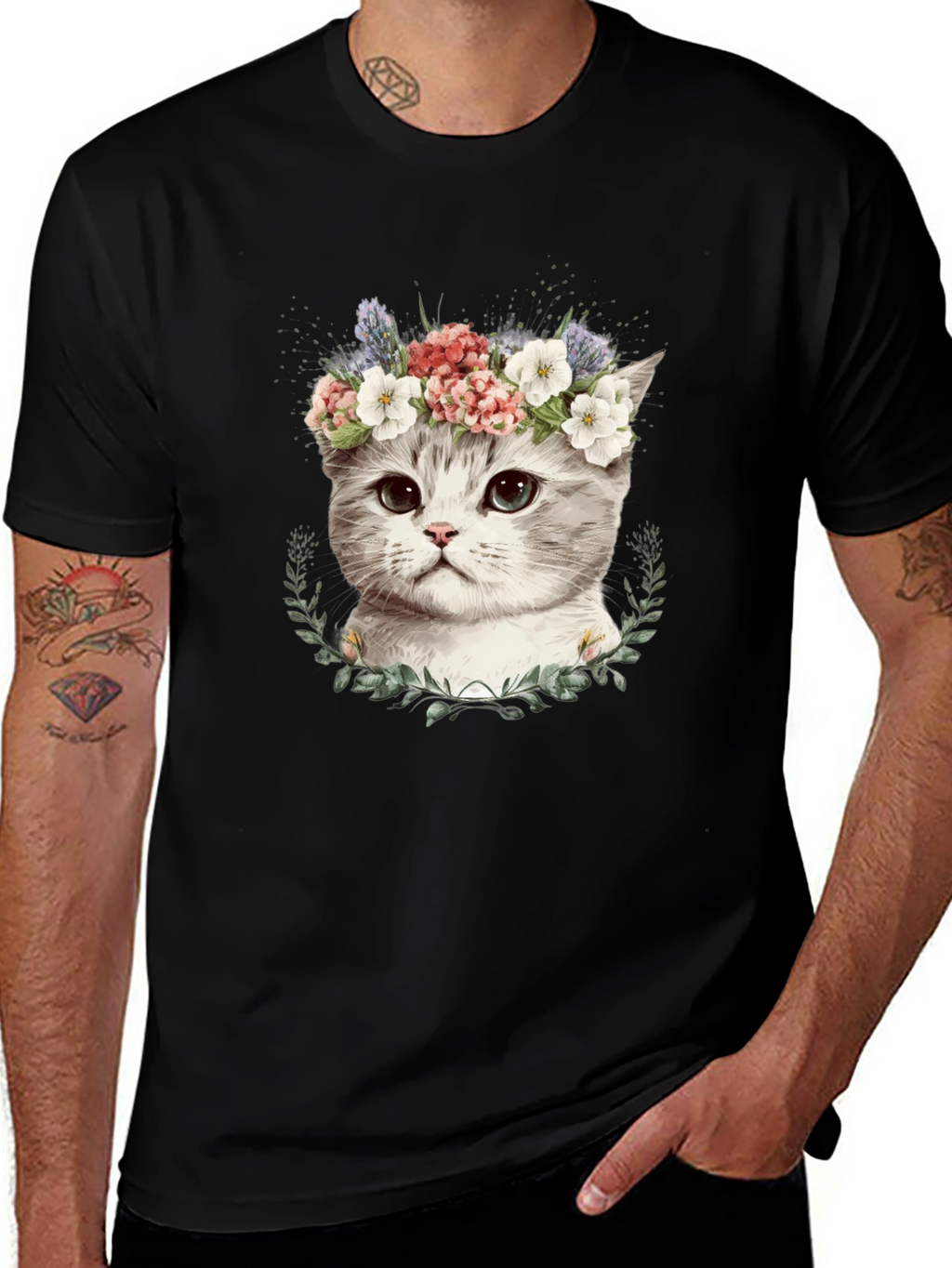 Floral Crown Cat T-Shirt - Stylish Graphic Tee