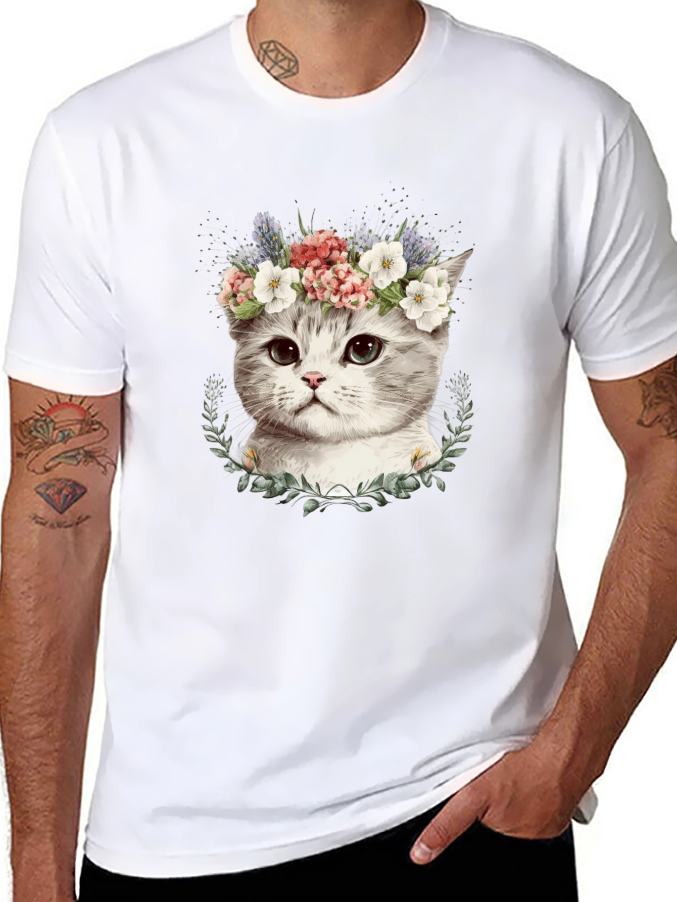 Floral Crown Cat T-Shirt - Stylish Graphic Tee