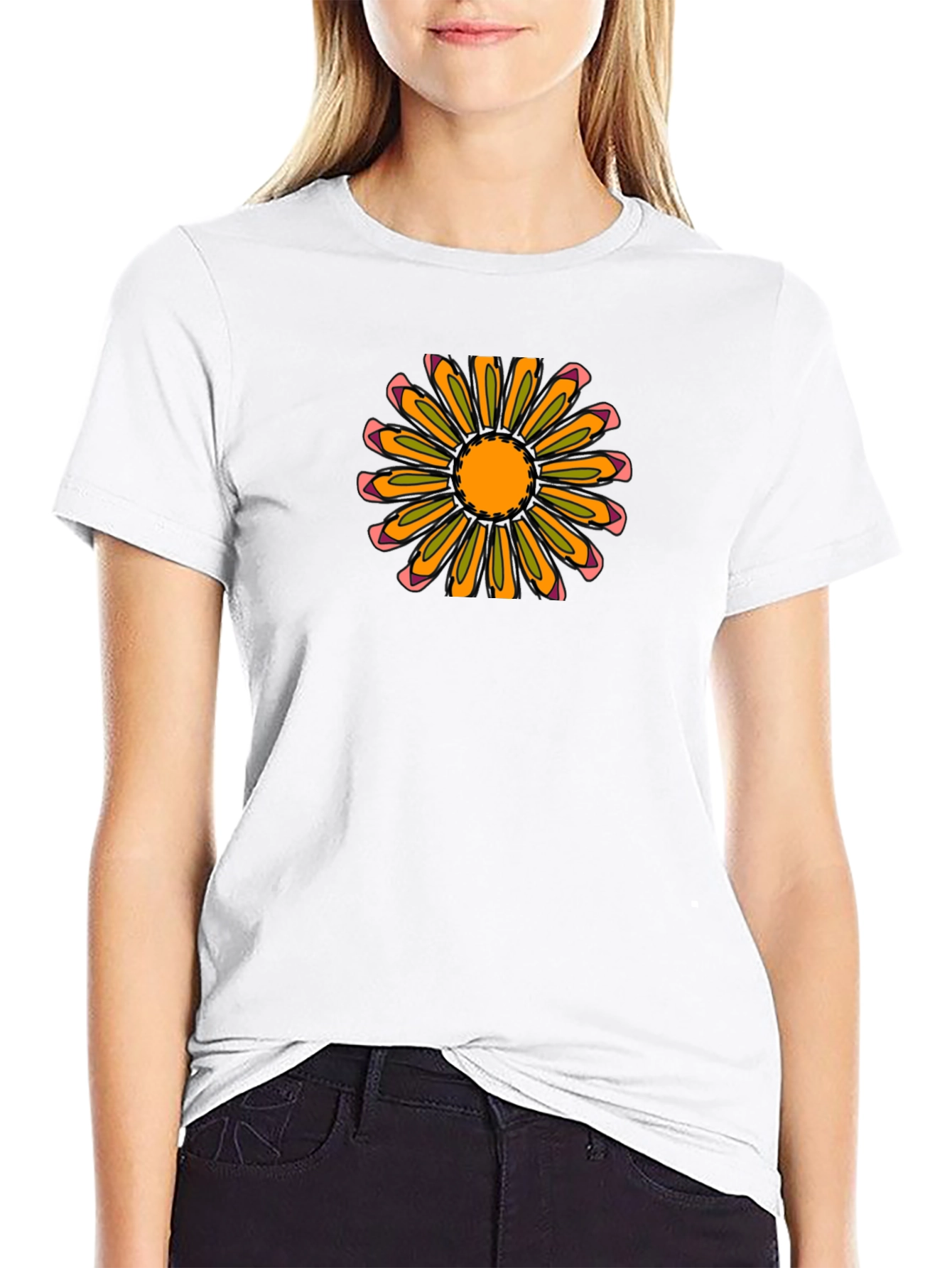 Black T-Shirt with Retro Flower Design