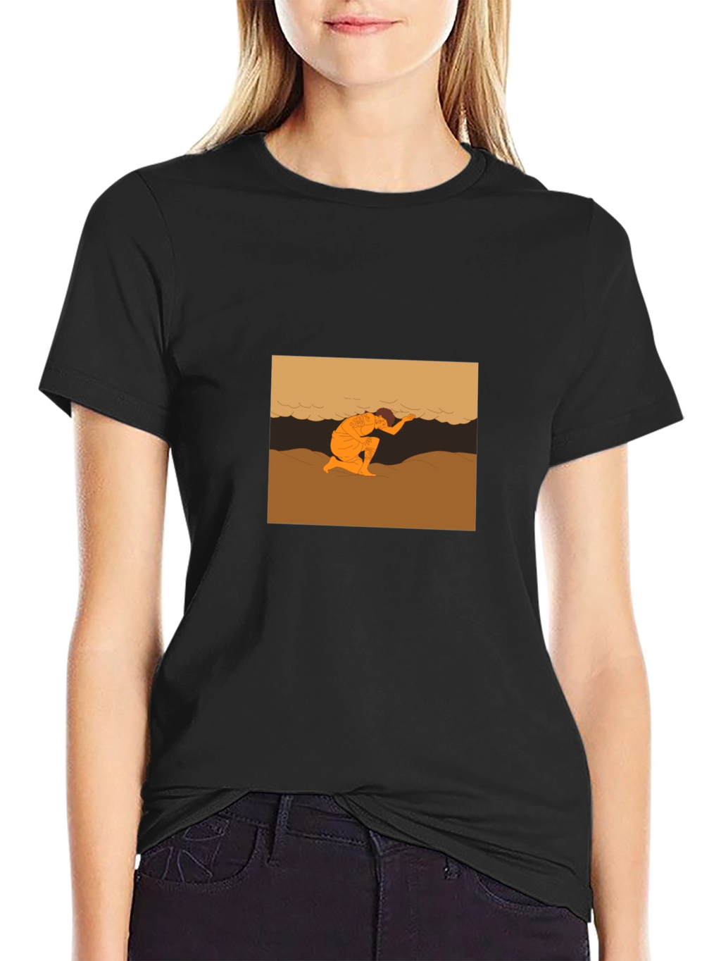 Black T-Shirt with Beach Scene Graphic