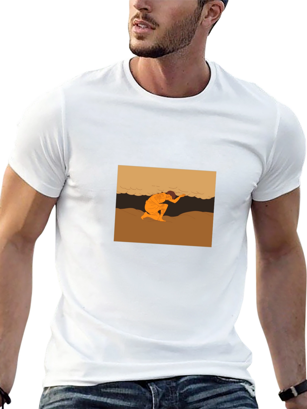 Black T-Shirt with Beach Scene Graphic