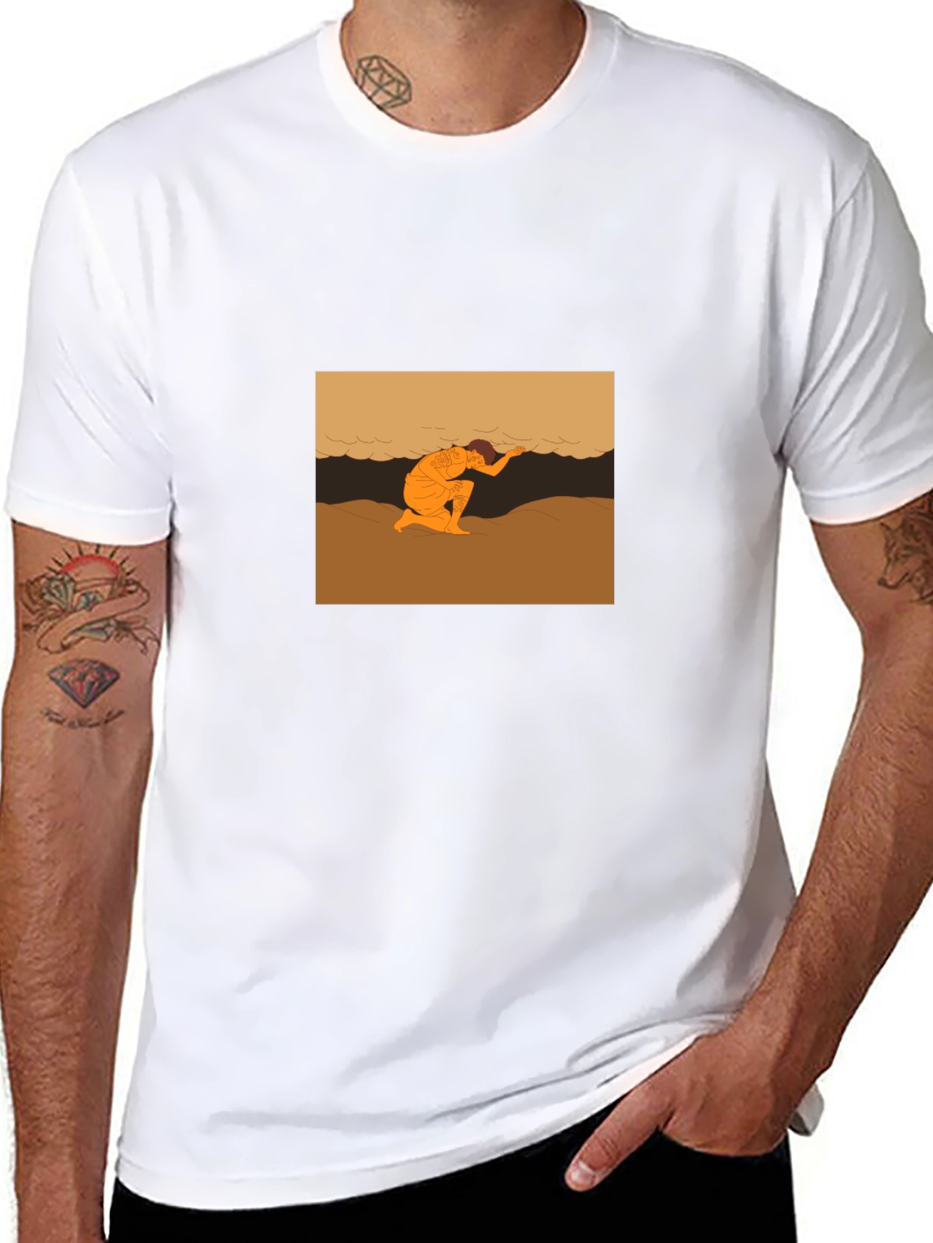 Black T-Shirt with Beach Scene Graphic