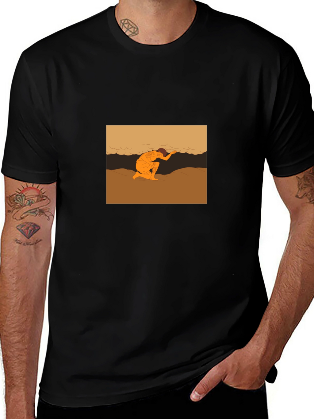 Black T-Shirt with Beach Scene Graphic