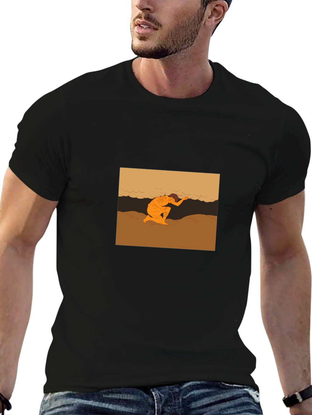 Black T-Shirt with Beach Scene Graphic