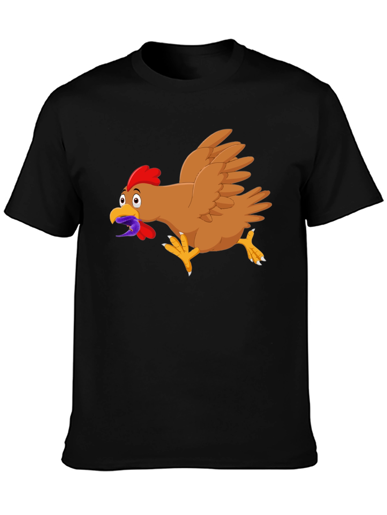 Funny Chicken Worm Cartoon Black T-Shirt