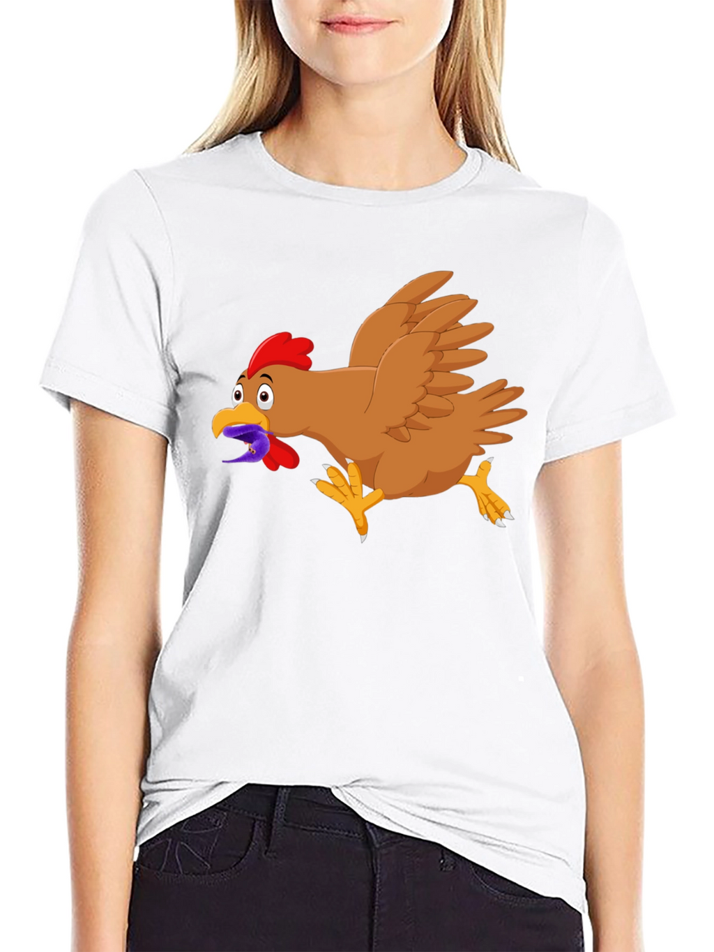 Funny Chicken Worm Cartoon Black T-Shirt