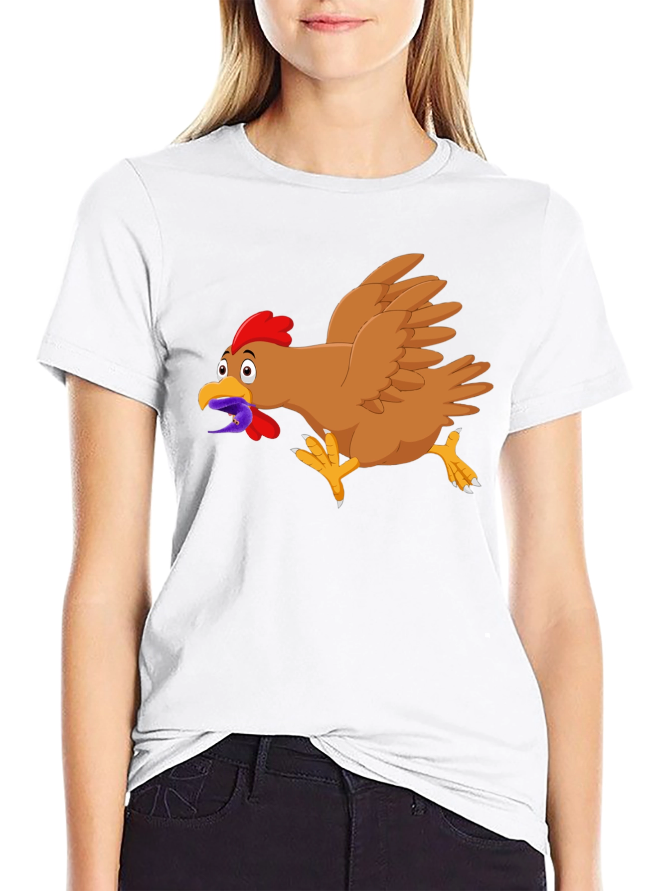 Funny Chicken Worm Cartoon Black T-Shirt