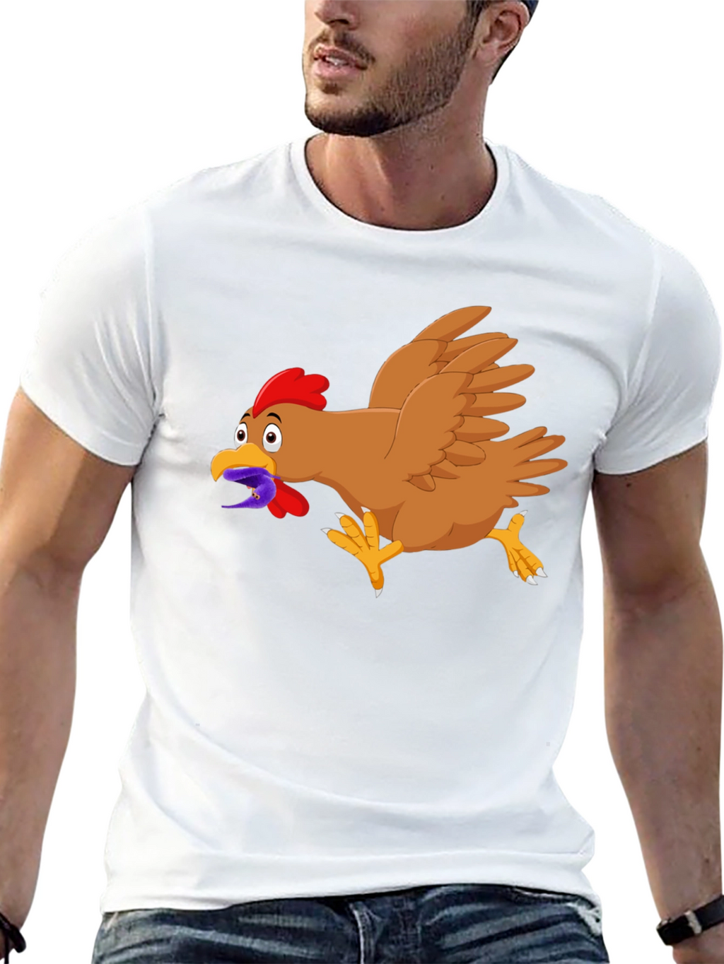 Funny Chicken Worm Cartoon Black T-Shirt