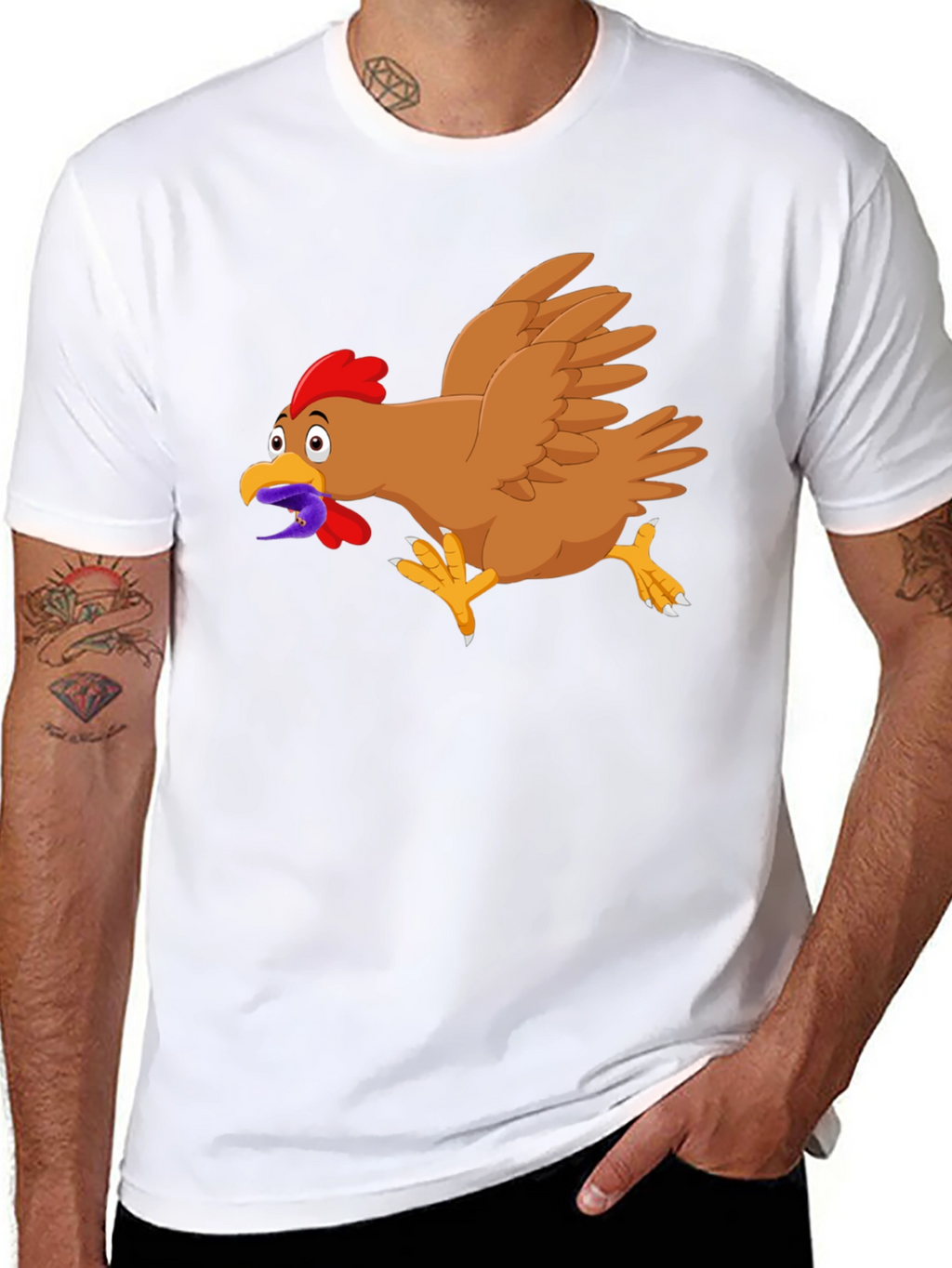 Funny Chicken Worm Cartoon Black T-Shirt