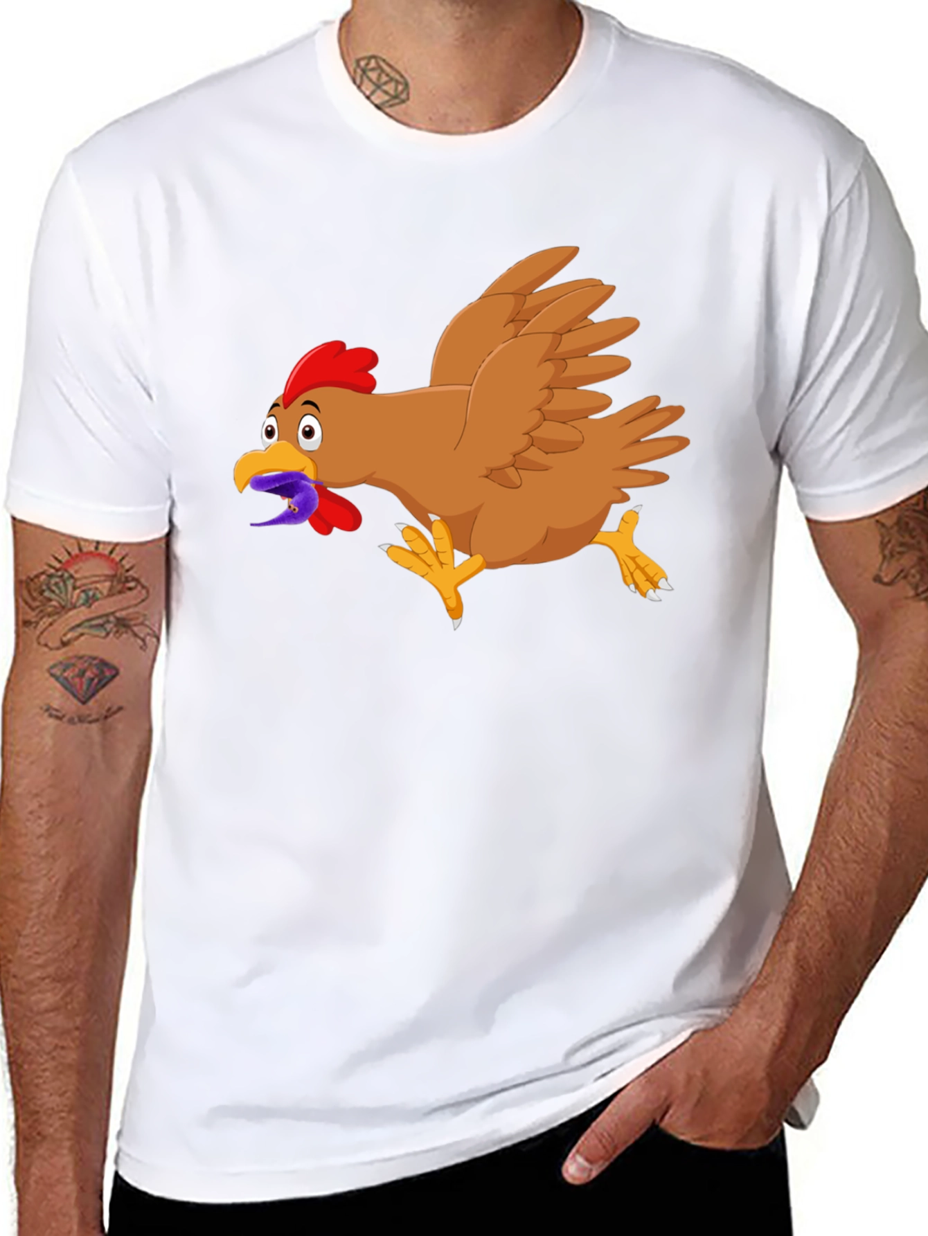 Funny Chicken Worm Cartoon Black T-Shirt